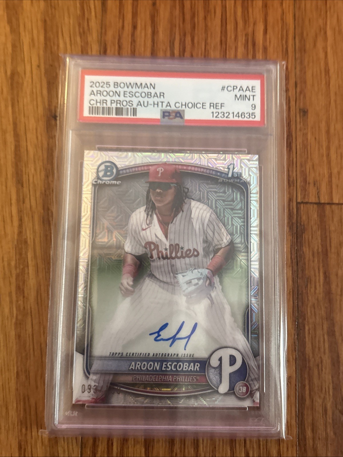 2025 Bowman #CPA-AE Aroon Escobar Chrome Prospect Auto HTA Refractor /150 PSA 9