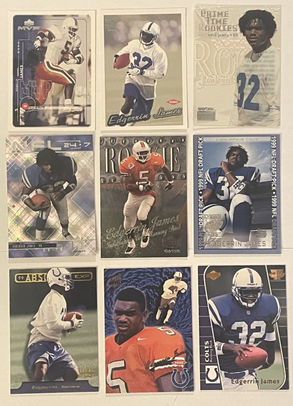 Edgerrin James 9 Rookie Card (RC) Lot – Various Sets, Insert + Base
