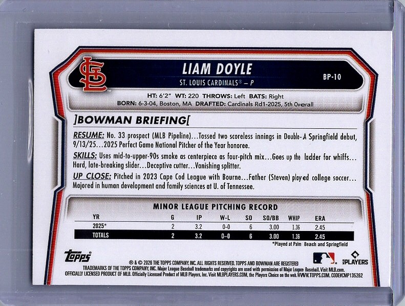 2026 Bowman #BP-10 Liam Doyle Prospects Fuchsia #/299