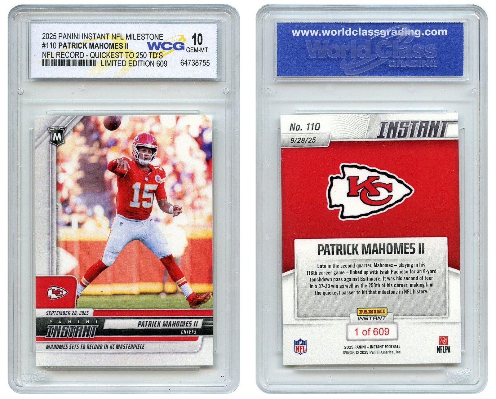 2025 NFL Panini PAT MAHOMES Milestone NFL Record 250 TDs #110 Chiefs GEM-MINT 10