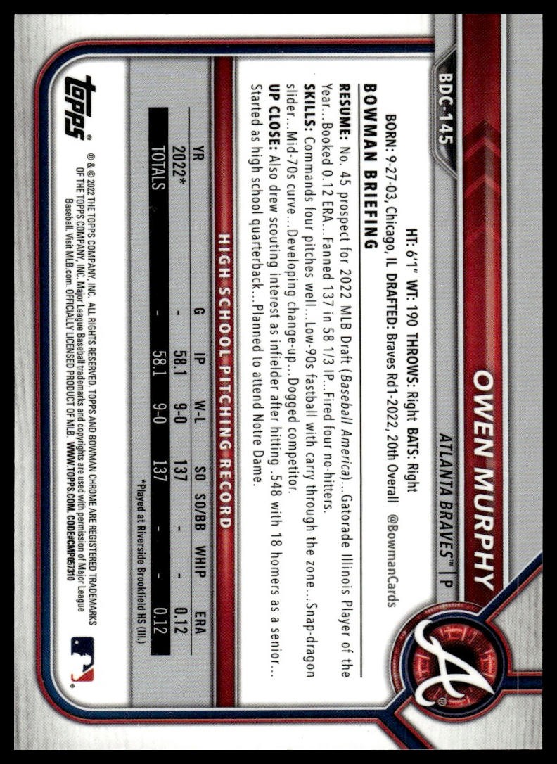 2022 Bowman Draft Owen Murphy #BDC-145 Chrome