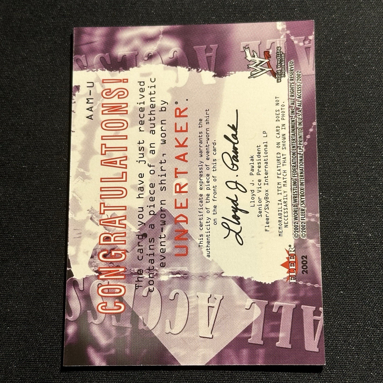 2002 Fleer WWF Undertaker All Access Authentic Event Worn Shirt Relic #AAM-U