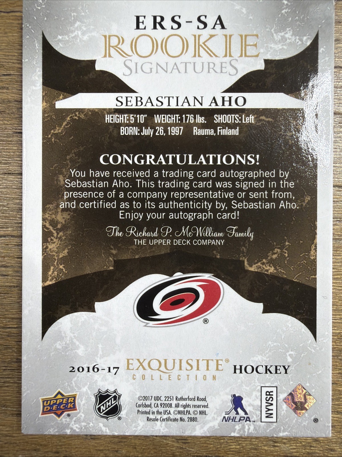 2016 EXQUISTE COLLECTION GOLD RC SIGNATURES 037/225 SEBASTIAN AHO #ERS-SA
