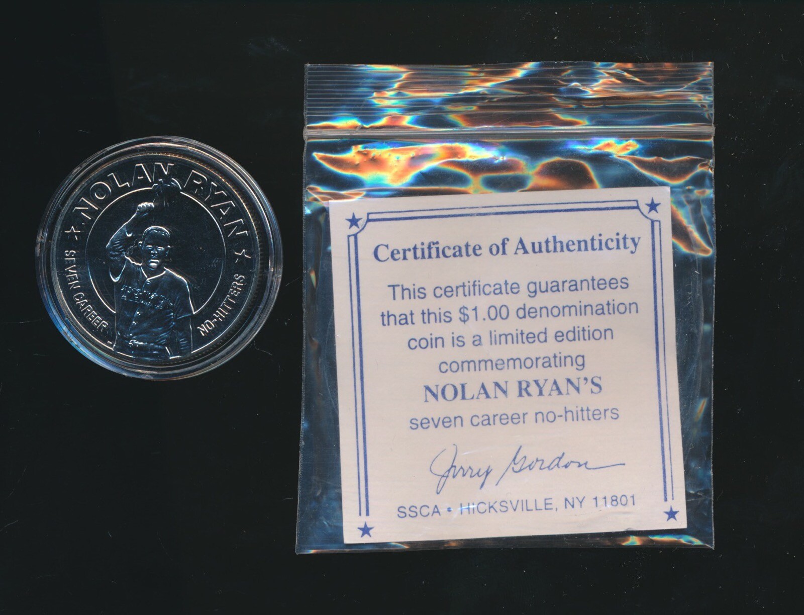 NOLAN RYAN $1 SILVER REPUBLIC OF LIBERIA SEVEN CAREER NO-HITTERS COIN