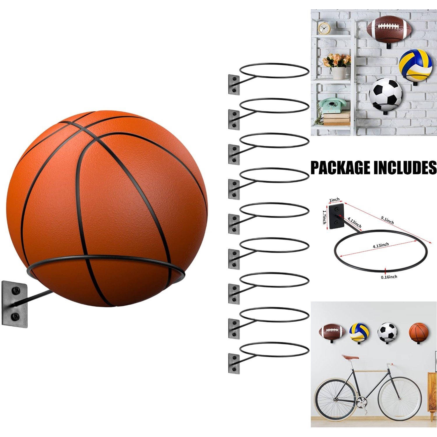 10x Metal Ball Holder Wall Mount Sports Room Display Storage Rack for Basketball