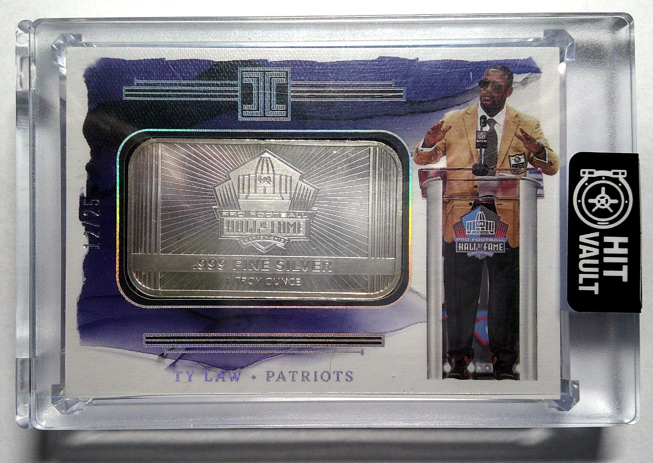 2023 PANINI IMPECCABLE TY LAW HALL OF FAME 1 OZ SILVER BAR CARD #12/25 PATRIOTS