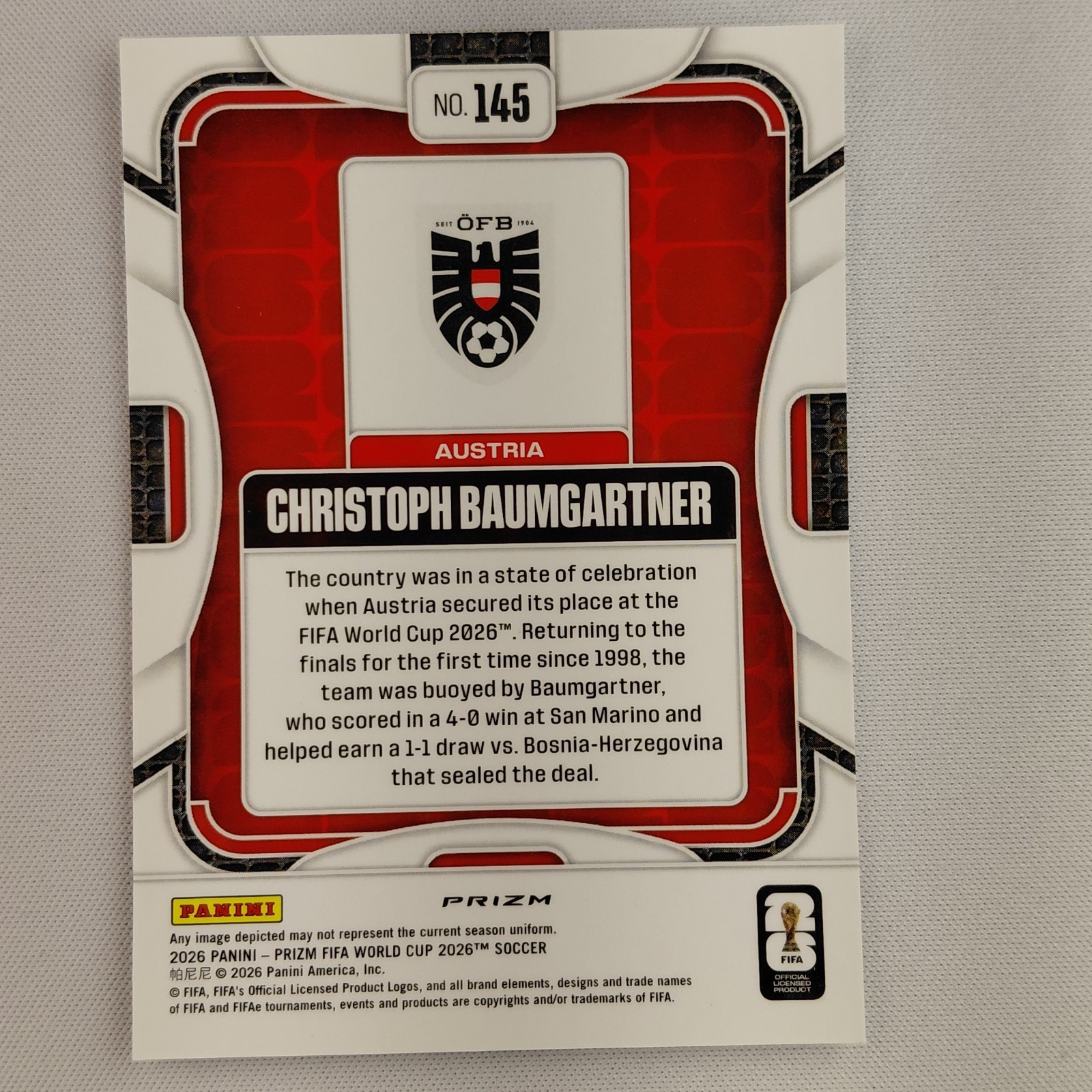 Christoph Baumgartner Austria Silver Wave Prizm 2026 Panini Prizm FIFA WC #145