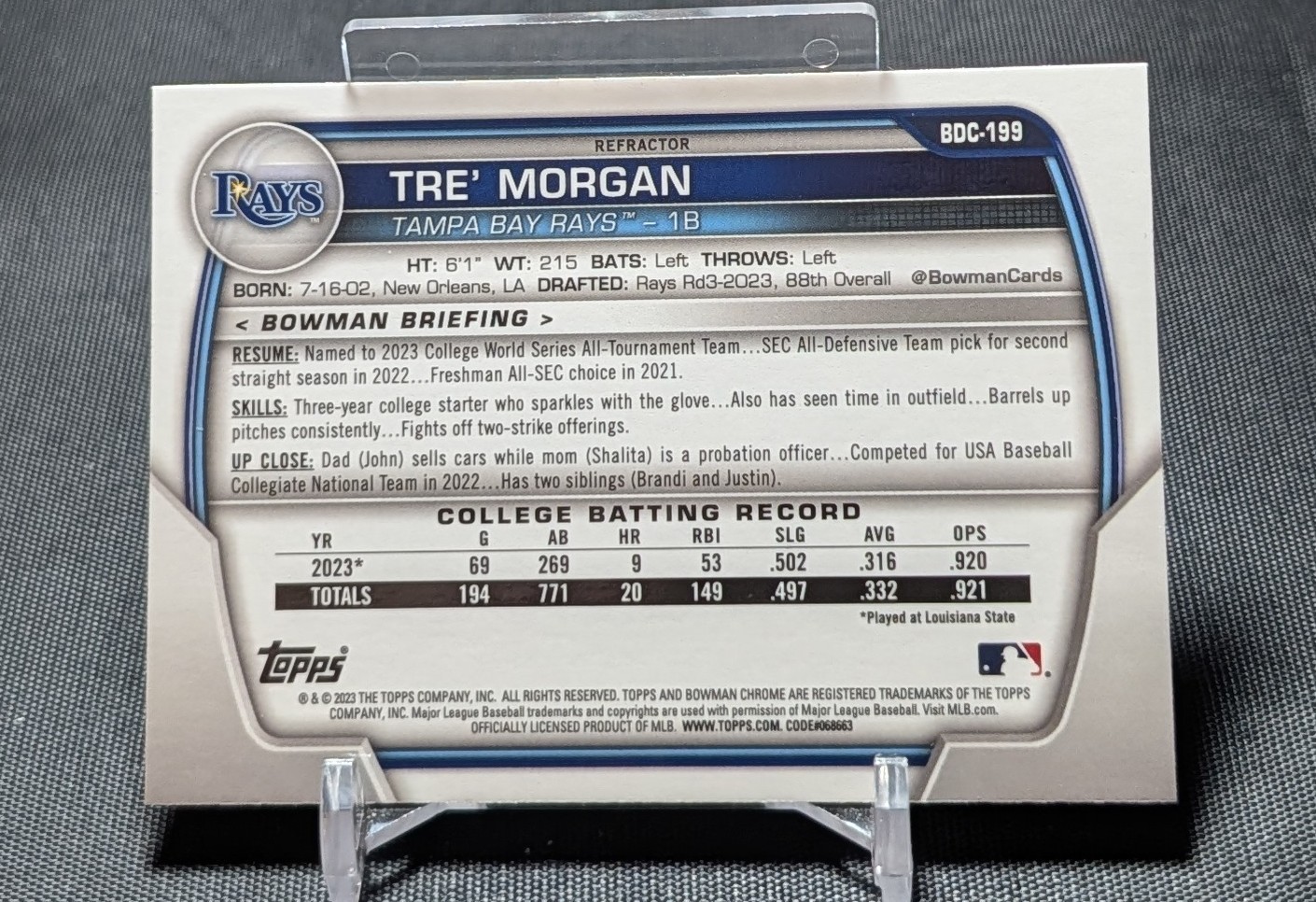 Tre’ Morgan 1st Chrome Refractor Rookie RC 2023 Bowman Draft Card #BDC-199 Rays