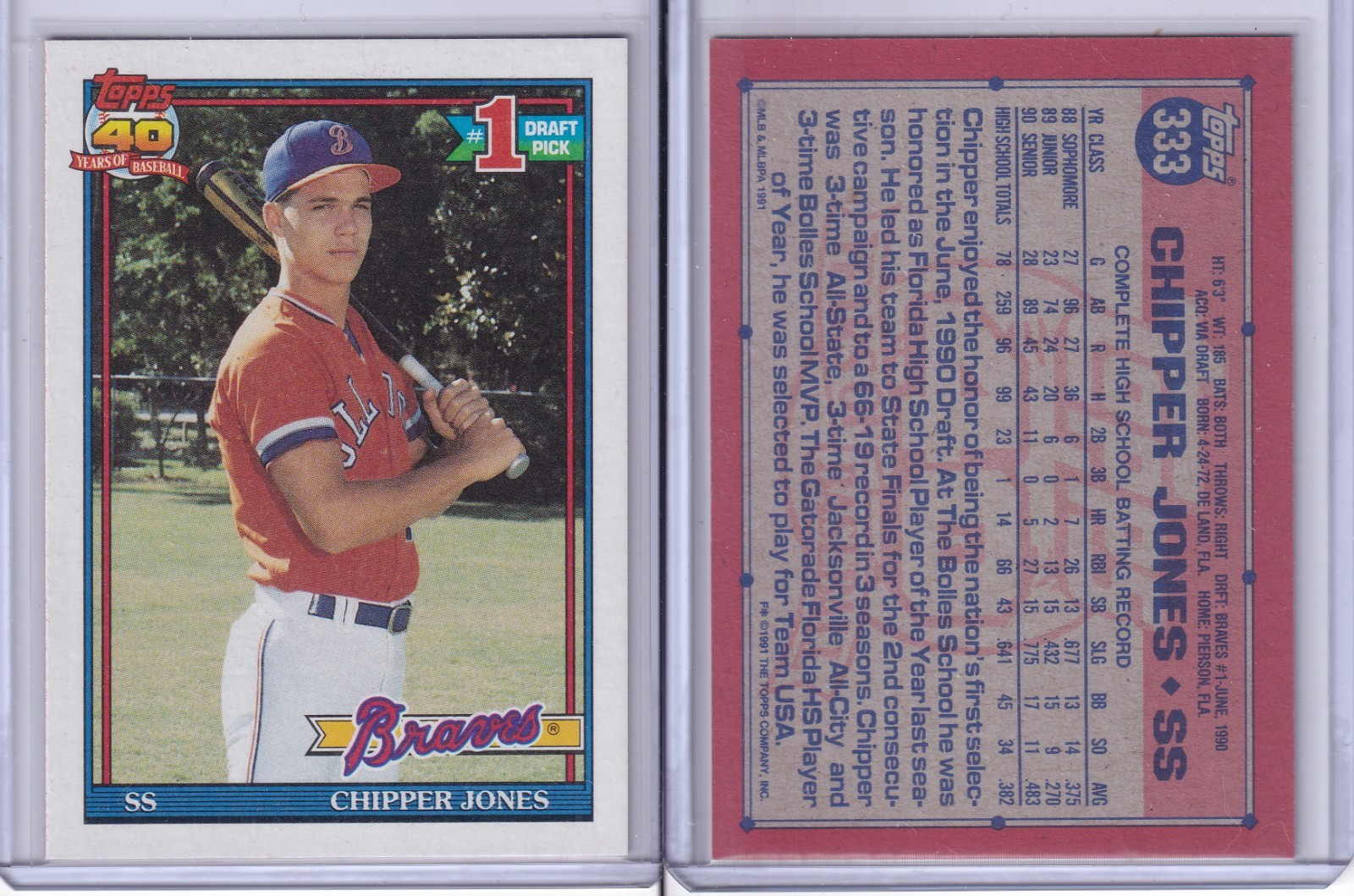 1991 Topps Baseball Card # 333 Chipper Jones Rookie Atlanta Braves NM+