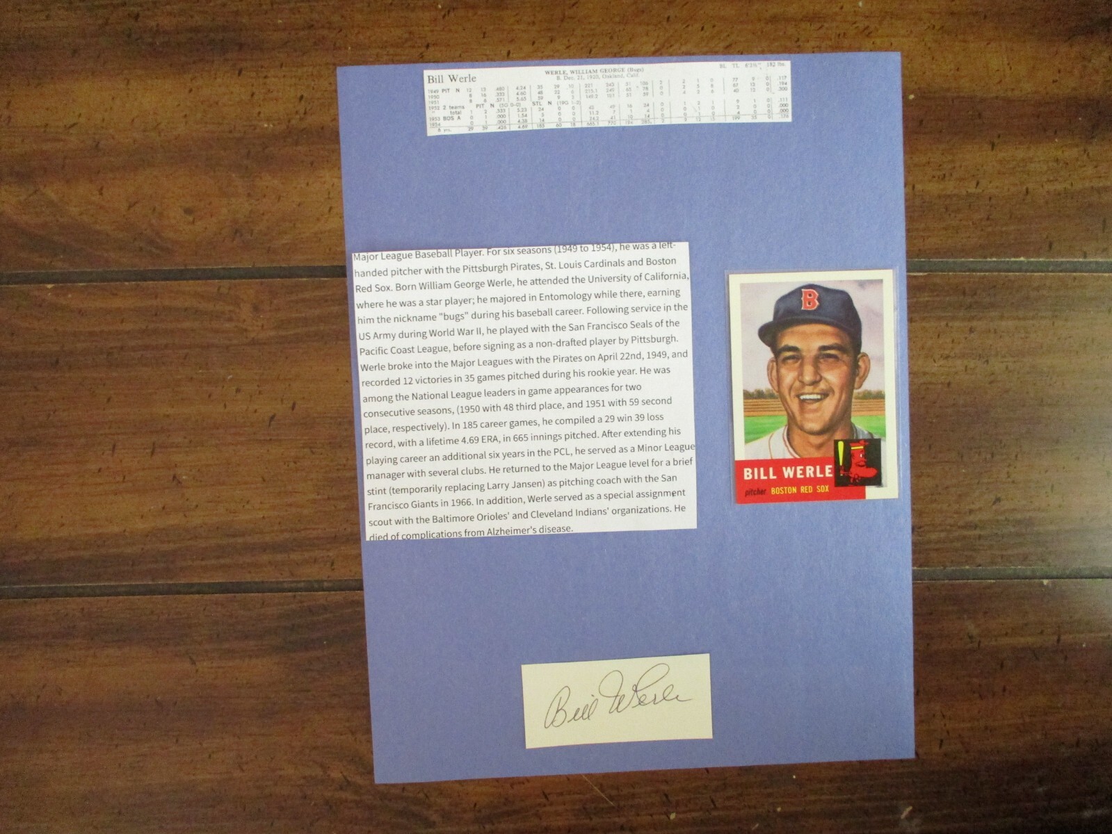 BILL WERLE(D-’07)Signed Trimmed Index Card w/8 x 11 Display w/Obit/1953 Archives
