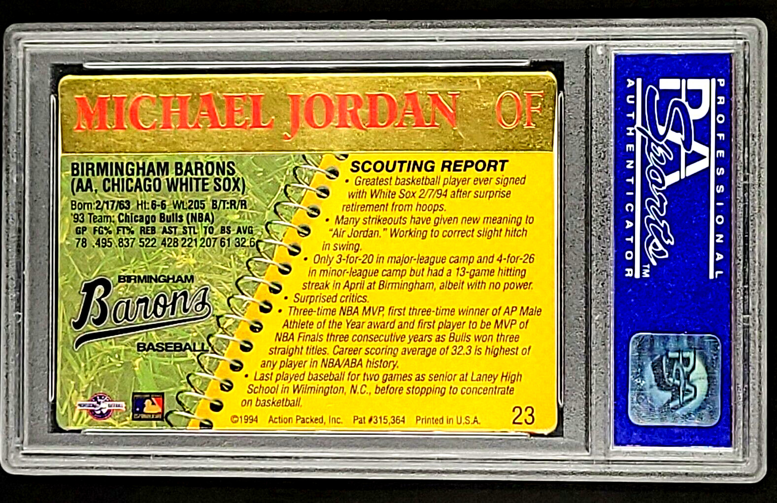 1994 Action Packed Scouting Report #23 Michael Jordan Baseball RC Rookie PSA 9