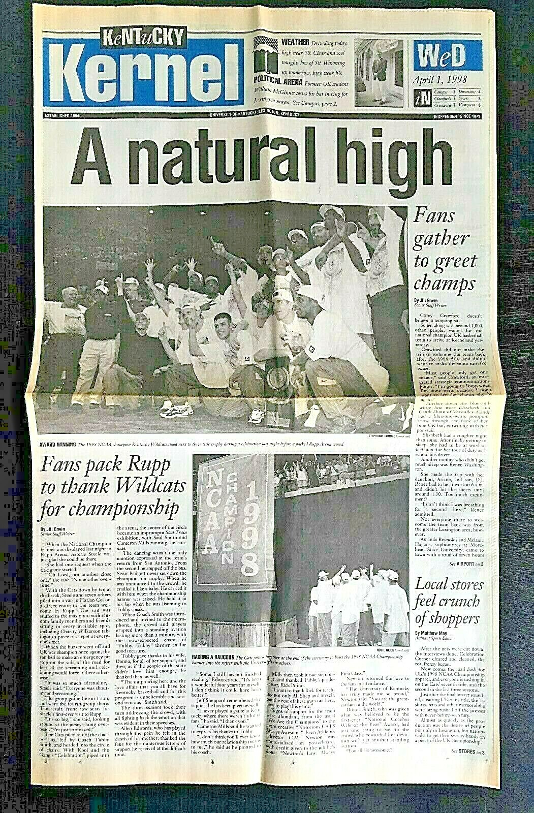Kentucky Kernel Wildcats Basketball 1998 Newspaper A Natural High NCAA Champs UK