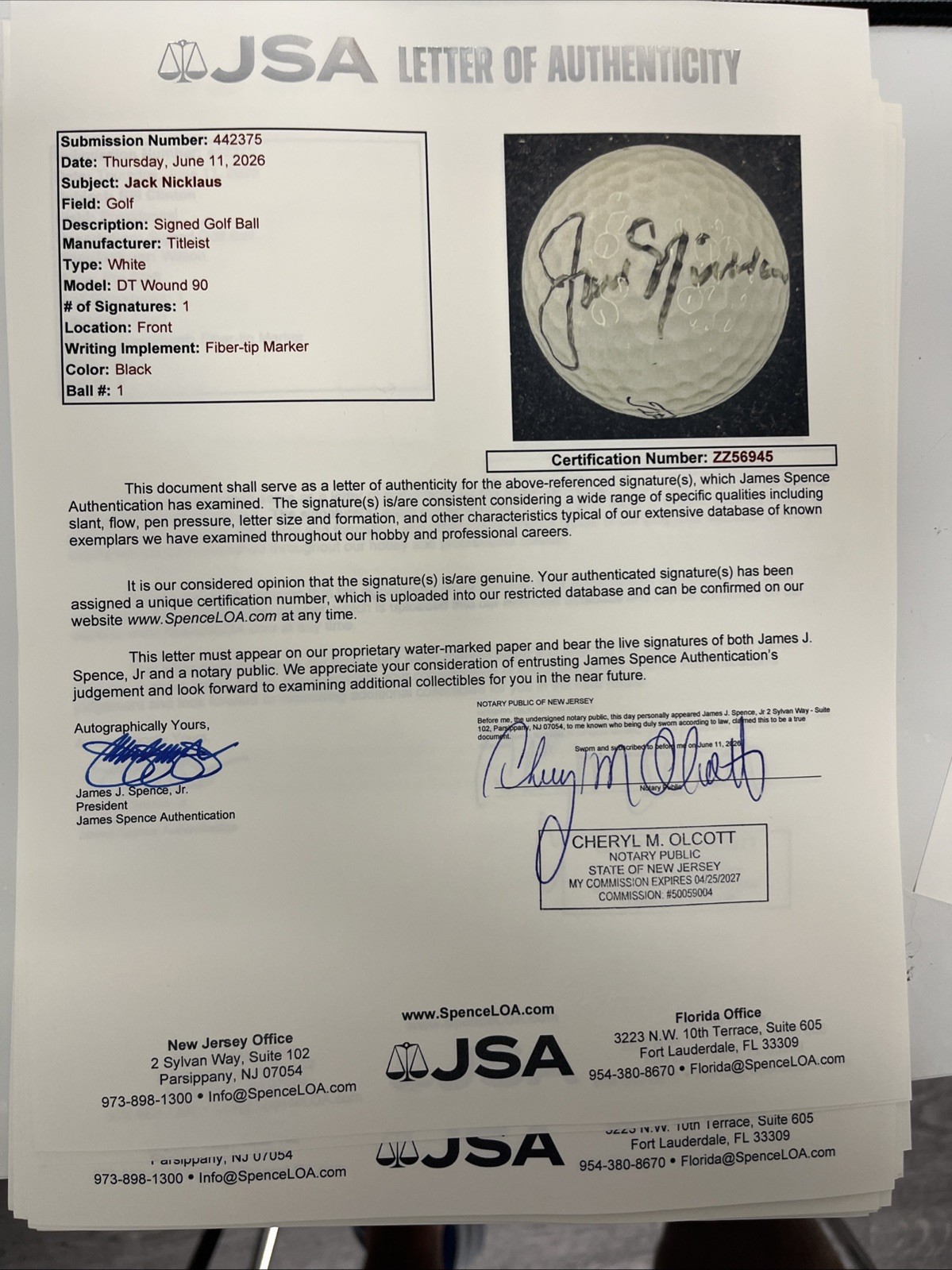 Jack Nicklaus Signed Titleist Golf Ball with full JSA LOA CLEAN!