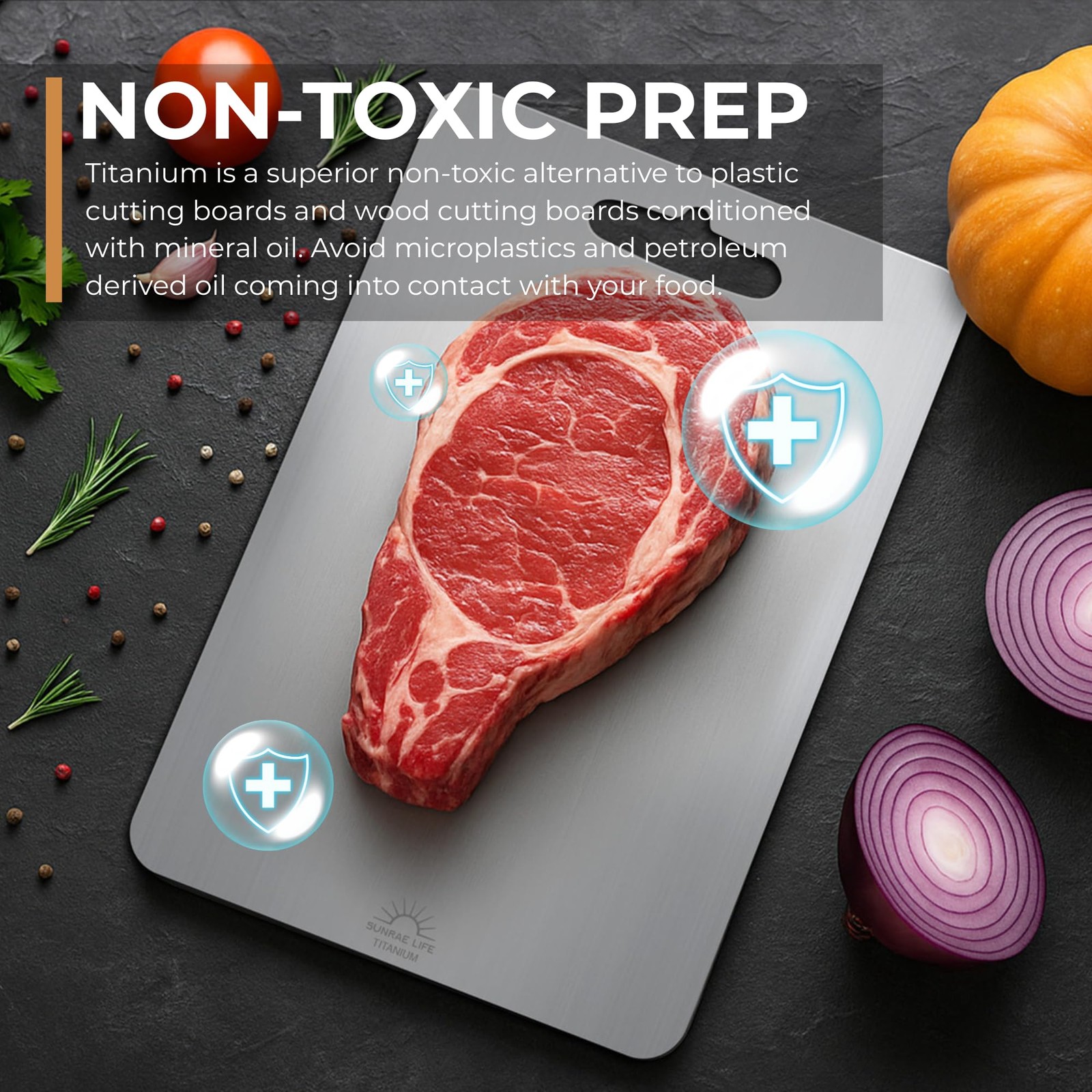 Pure Titanium Cutting Board, Double-Sided, Dishwasher 14.2″L x 9.8″W, Silver