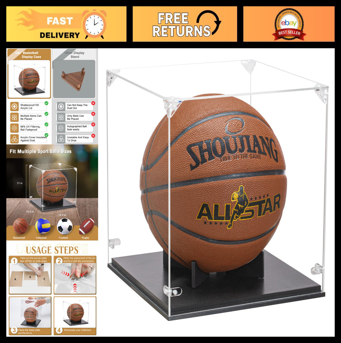 Basketball Display Case with UV Protection | Thick Acrylic Lid & Wooden Base for