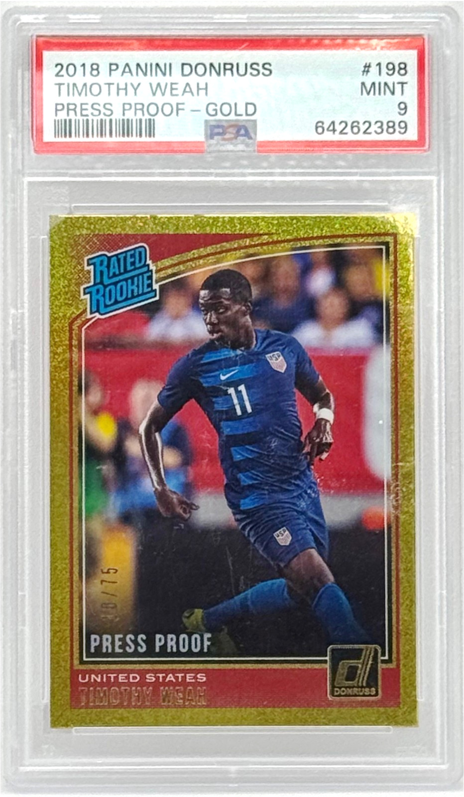 TIMOTHY WEAH – 2018 ROOKIE Panini Donruss Press Proof RC Gold /75 PSA 9 MINT