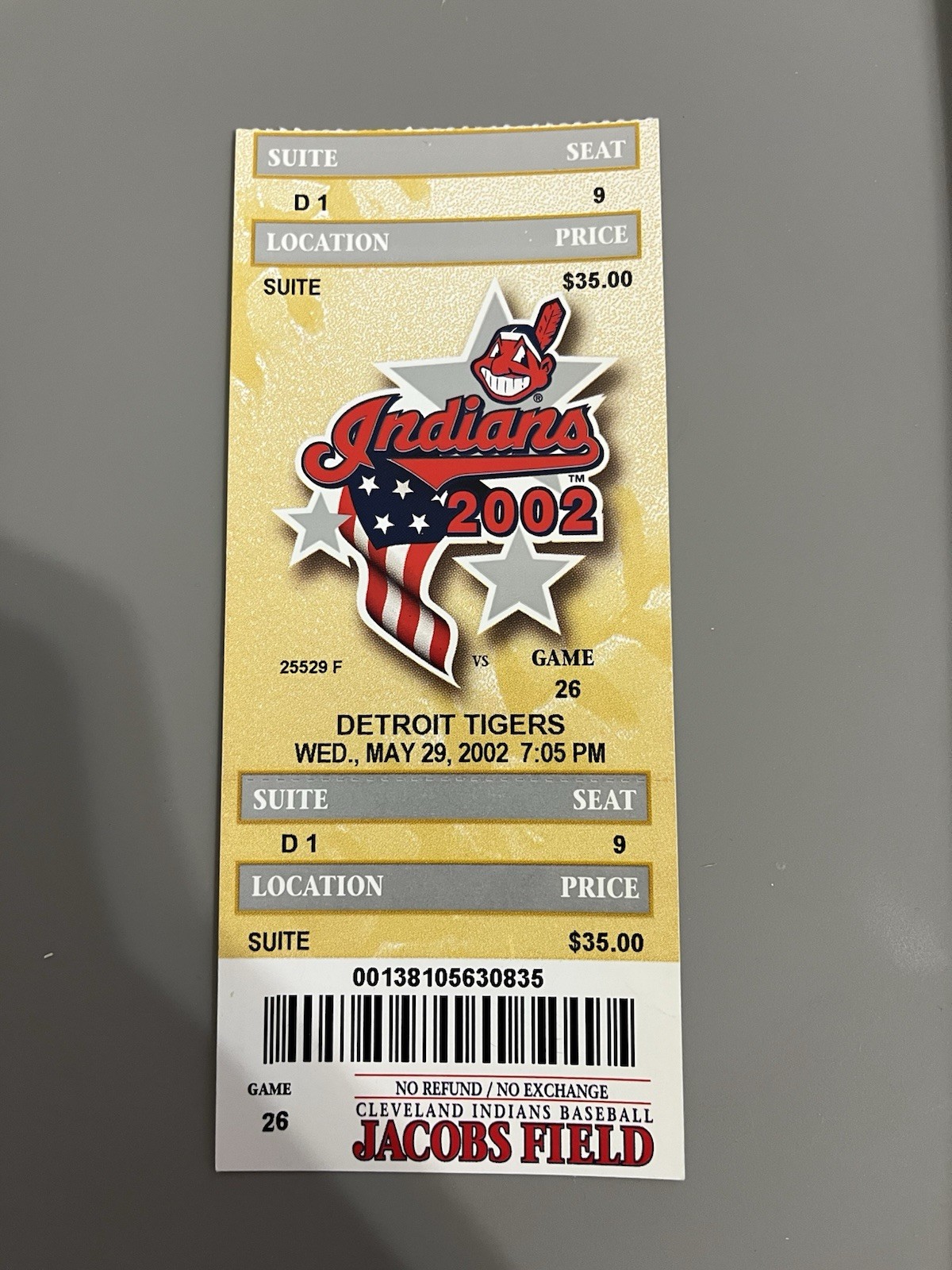 CLEVELAND INDIANS vs DETROIT TIGERS Baseball Ticket – May 29, 2002
