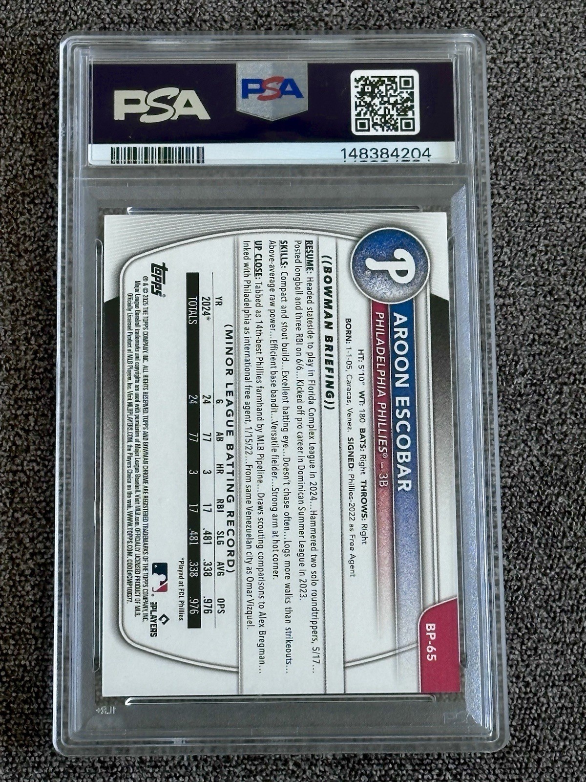 2025 Bowman Aroon Escobar Black Pattern 1st #/10 Phillies PSA 9 Phillies #BP-65