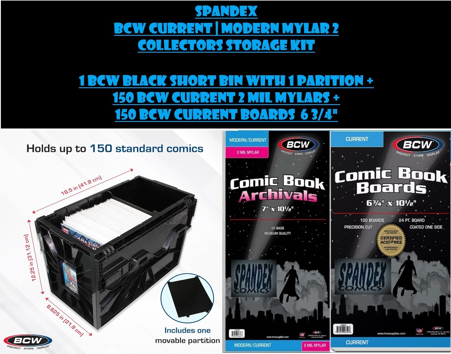 150 BCW Current Mylar & Current Boards + 1 BCW Black Short Comic Bin Storage Kit
