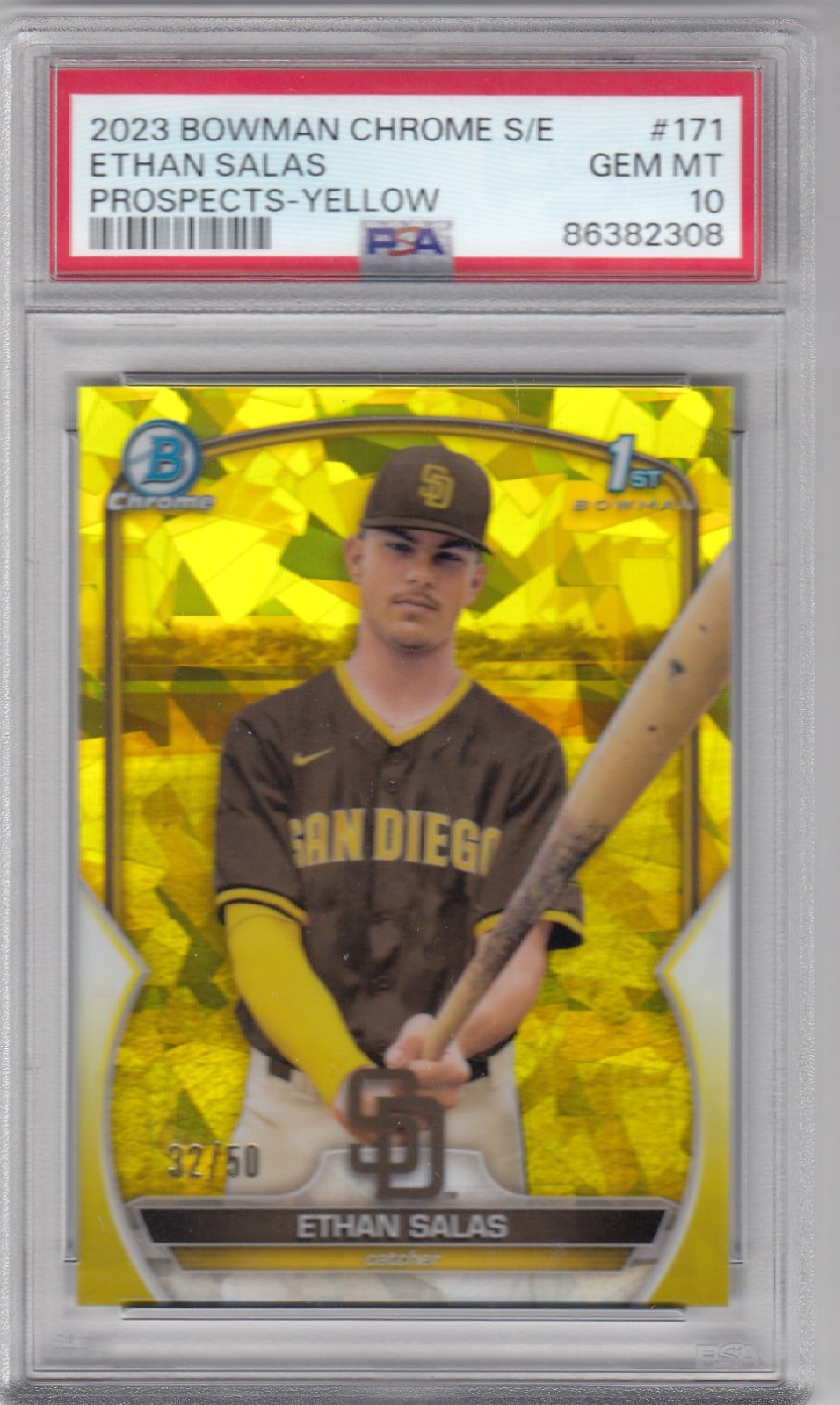 2023 BOWMAN CHROME SAPPHIRE ED PROSPECTS YELLOW #171 ETHAN SALAS /50 PSA 10 ZV
