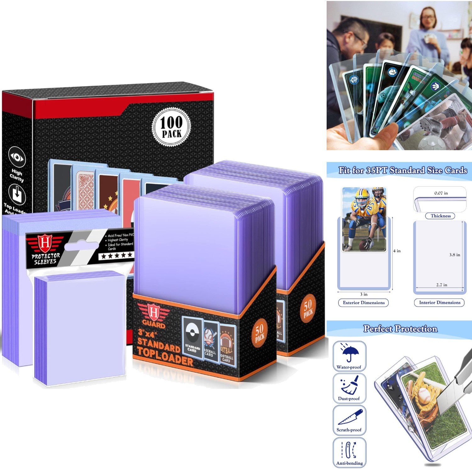 100 Toploaders + 200 Soft Card Sleeves Set MTG, TCG, Sports Cards Standard Size