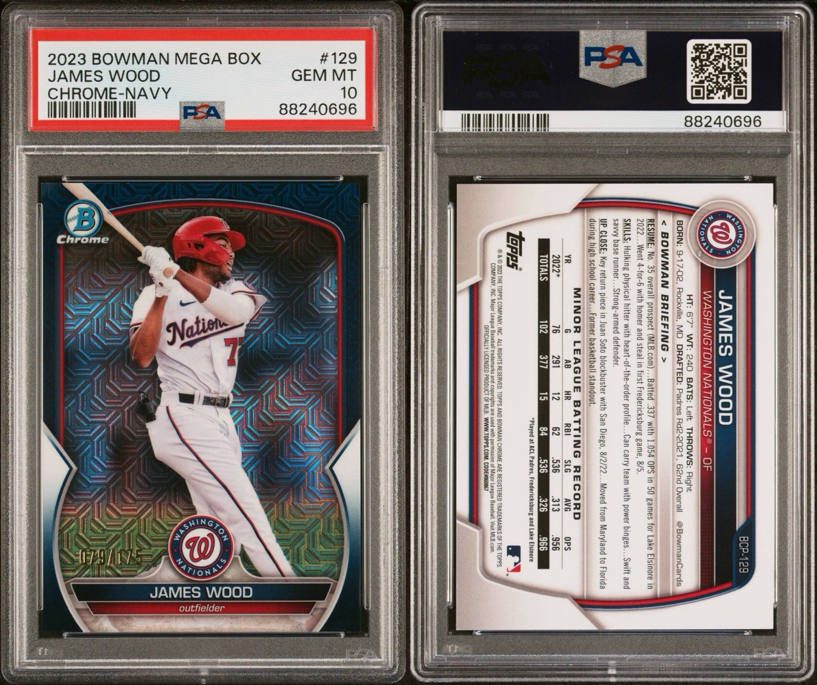 2023 Bowman Chrome Mega Box Navy Refractor #129 James Wood RC Rookie /175 PSA 10
