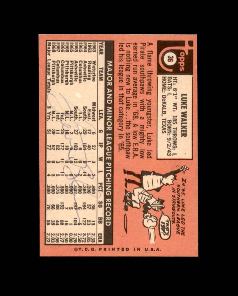 Luke Walker Signed Authentic 1969 Topps Pittsburgh Pirates Autograph