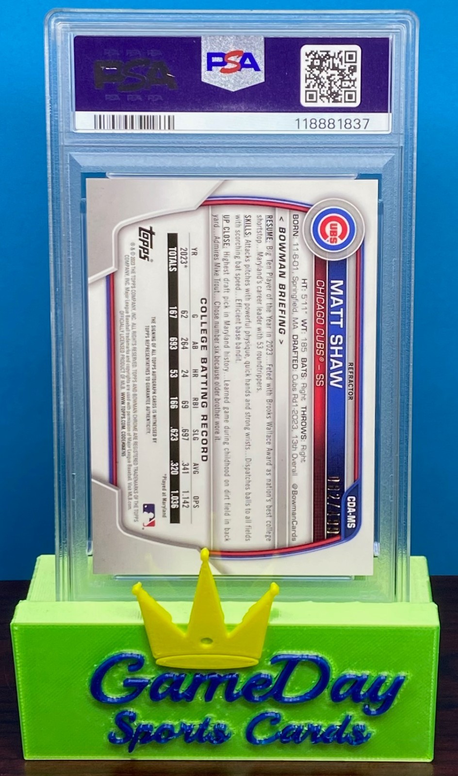 2023 Bowman Draft Chrome Matt Shaw 1st Bowman Refractor Auto /499 #CDA-MS PSA 9