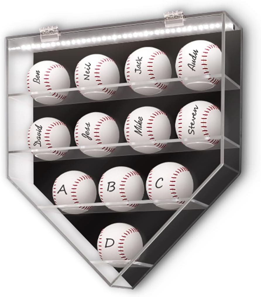 Lighted Acrylic Baseball Display Case for 12 Balls, UV Protected Shadow Box