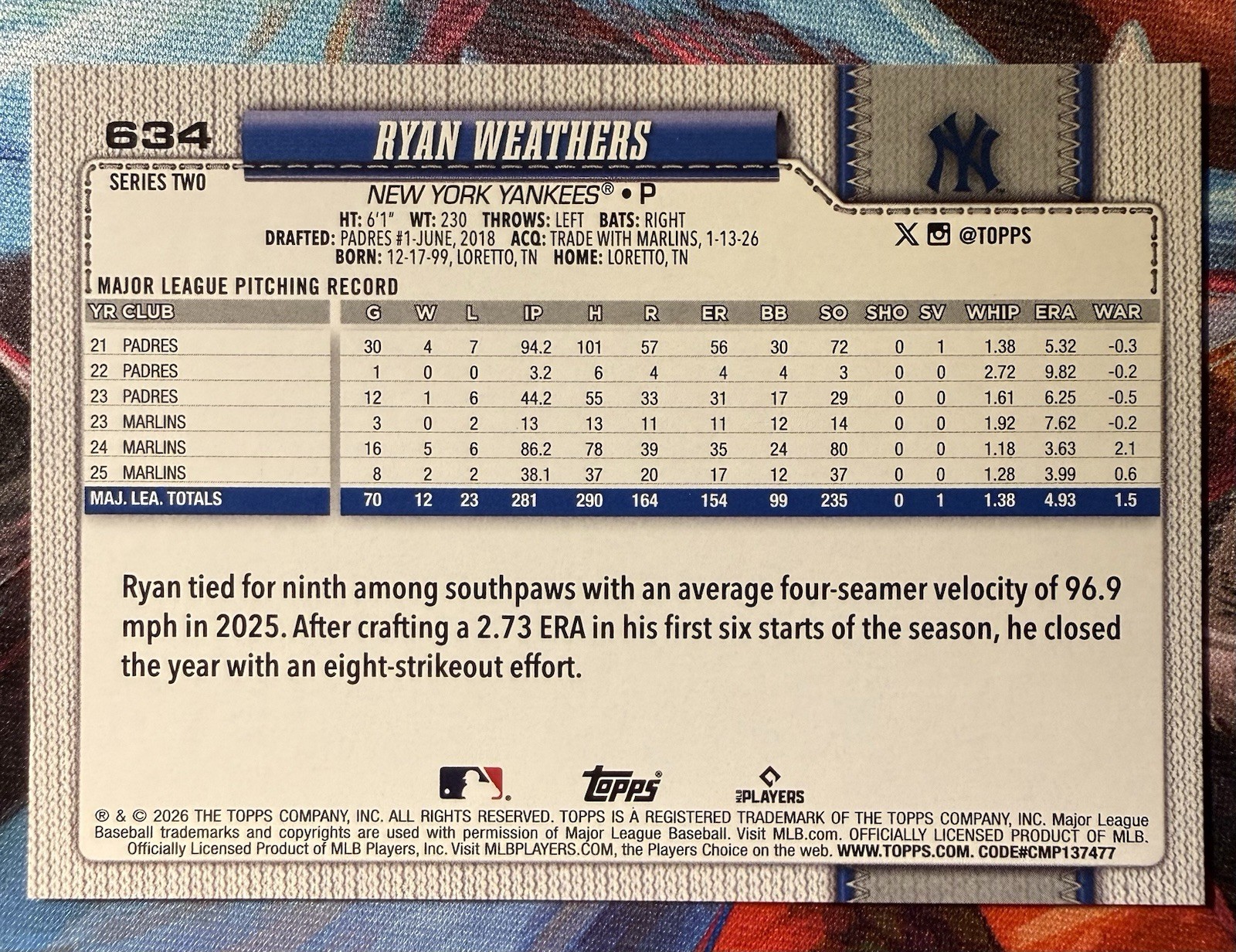 Ryan Weathers – 2026 Topps Series 2 #634 – New York Yankees (B2-25)