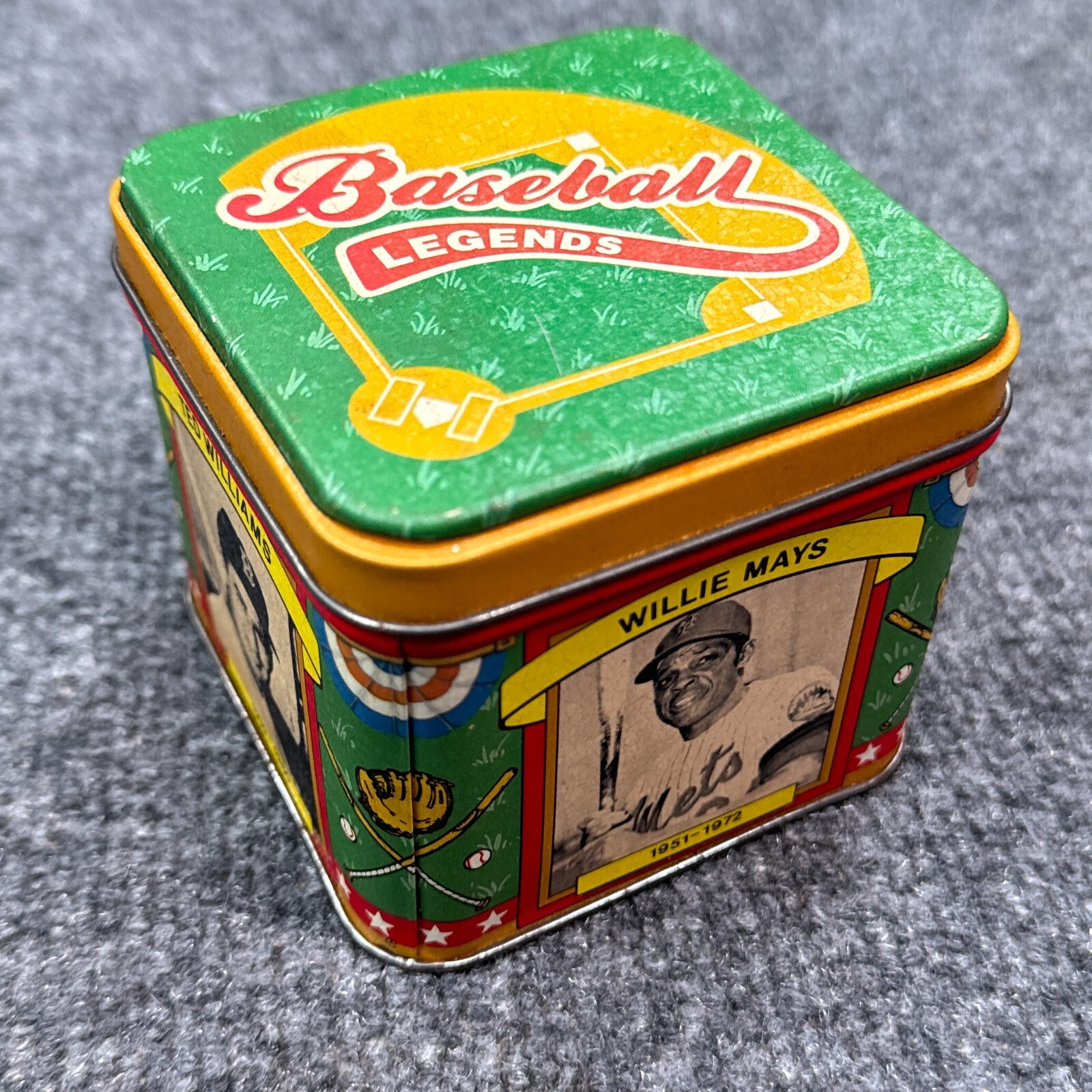 MLB Baseball Legends Card Tin Box 1990 RUTH CLEMENTE WILLIAMS MAYS Vintage 3.5″