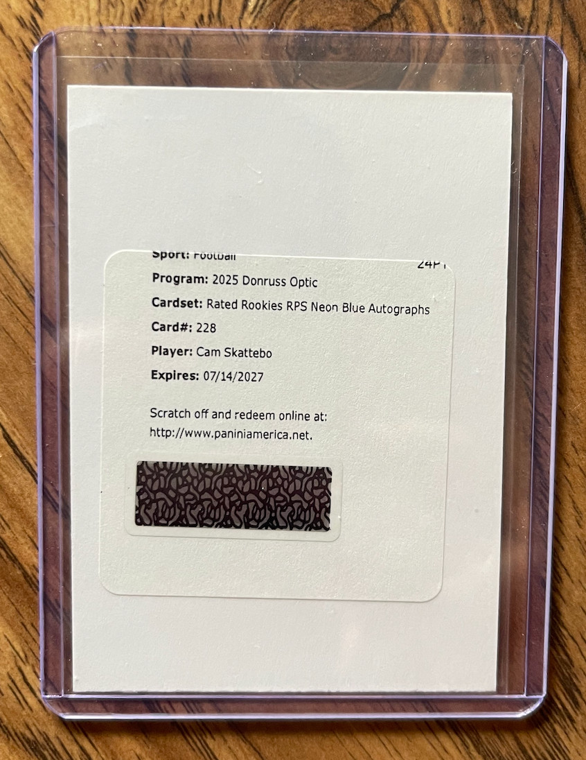Cam Skattebo Rated Rookie RPS Neon Blue Auto Redemption 2025 Donruss Optic RC