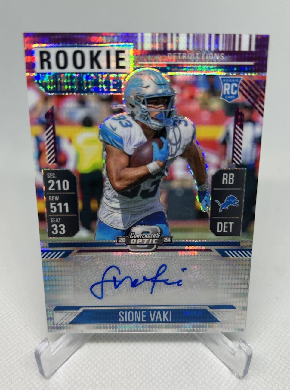 2024 Panini Contenders Optic Sione Vaki Purple Pulsar #/21 Rookie Auto Lions