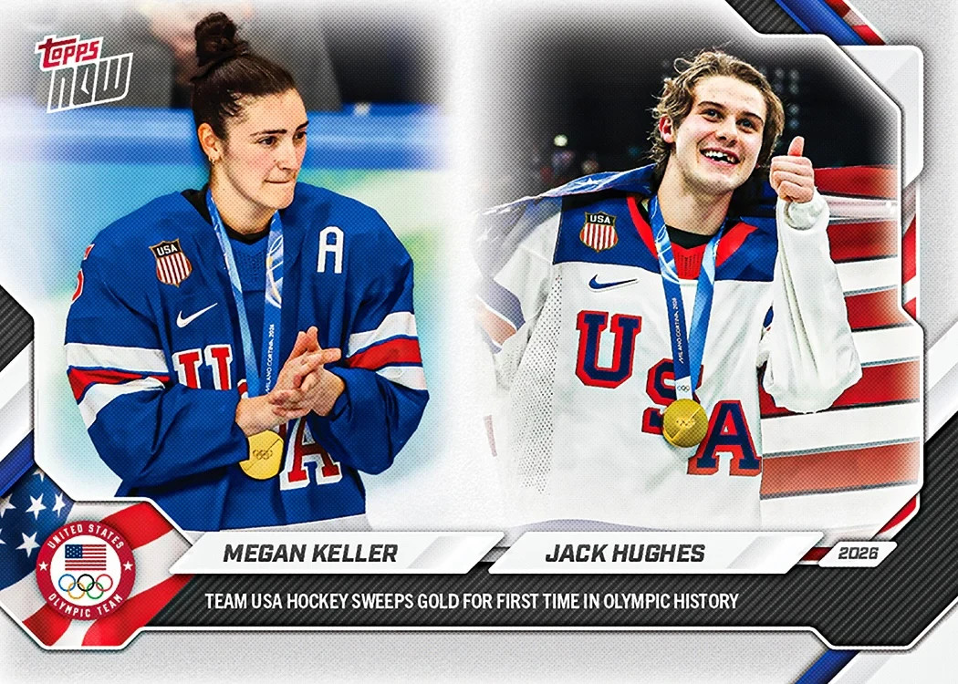 Megan Keller-Jack Hughes 2026 Olympics Topps NOW Card 19-USA SWEEPS GOLD