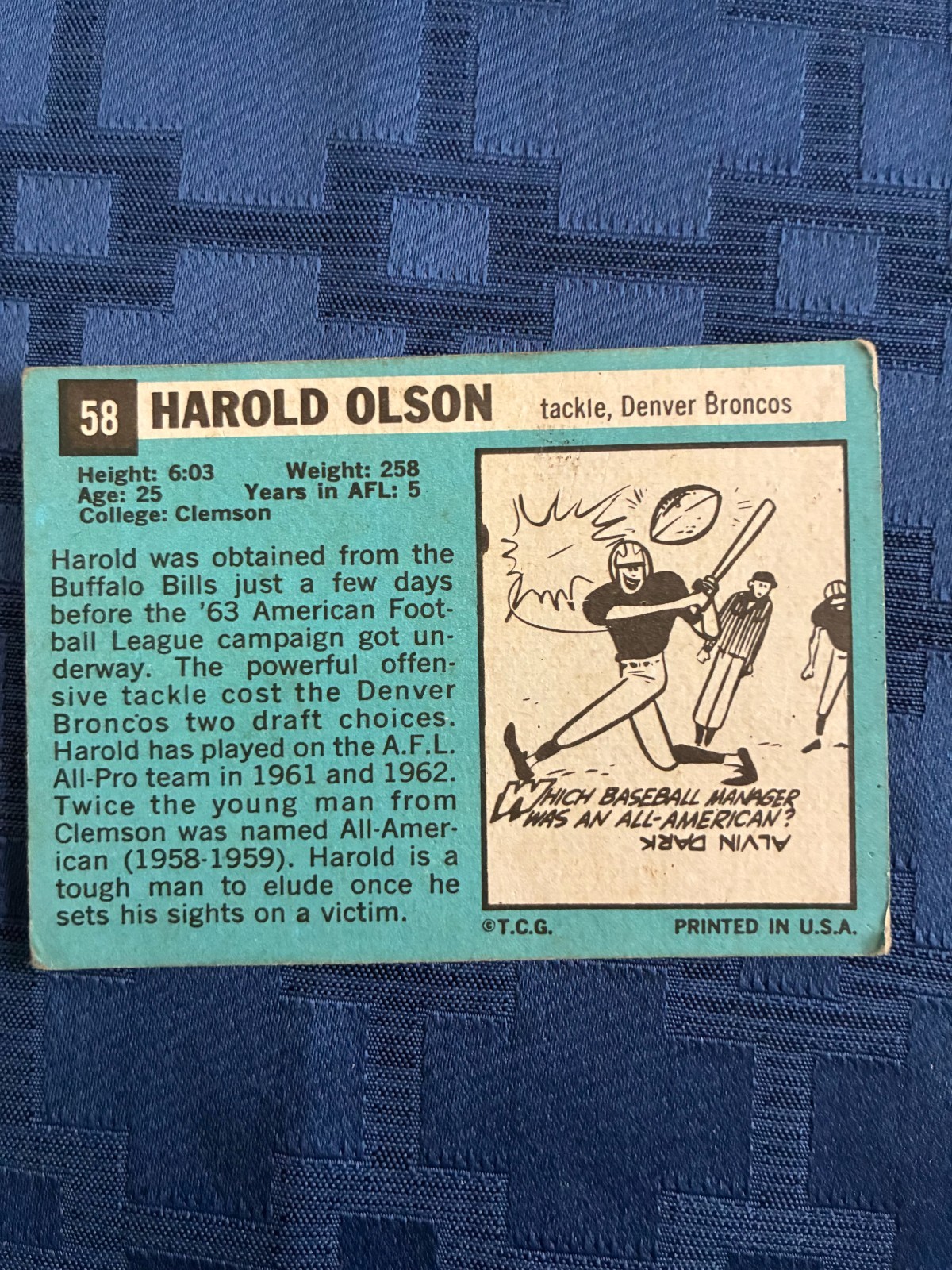 1964 TOPPS #58 HAROLD OLSON DENVER BRONCOS VERY GOOD COND & LOW SHIP