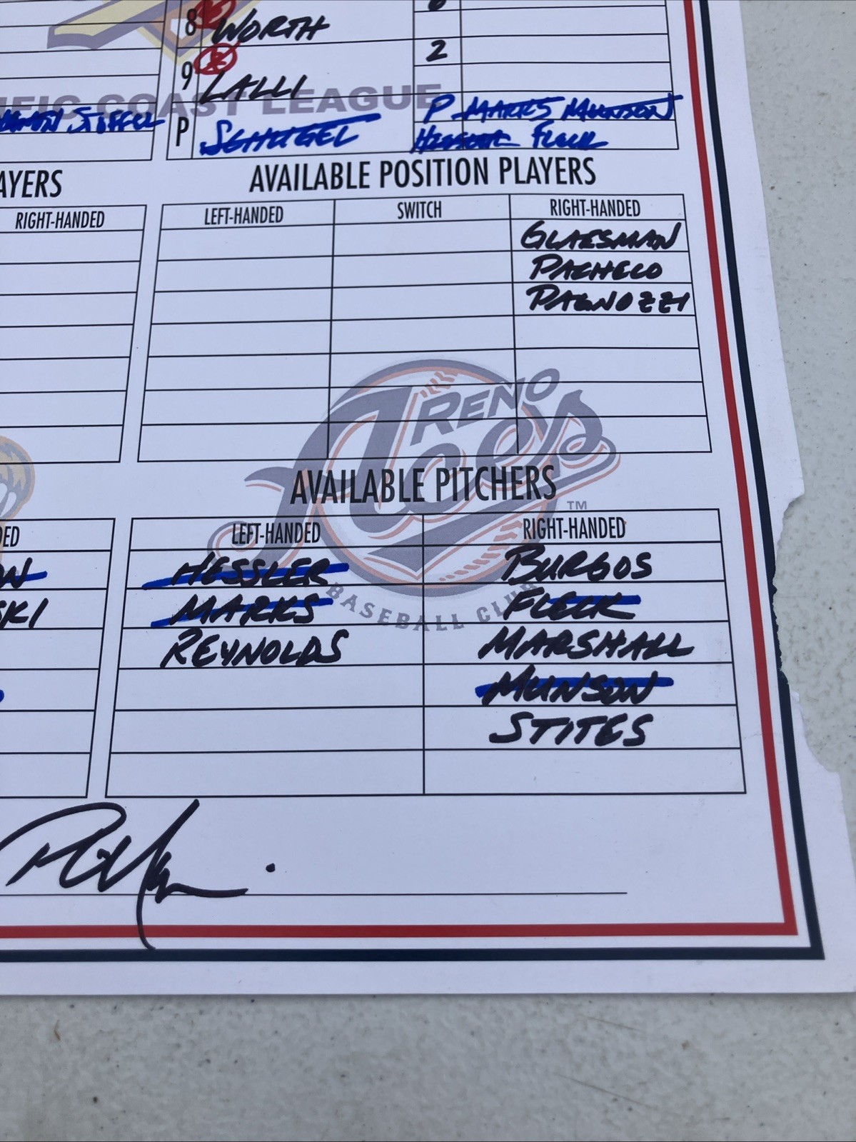 Minor-league baseball lineup card signed by Phil Nevin Mgr. Reno Aces Vs Fresno