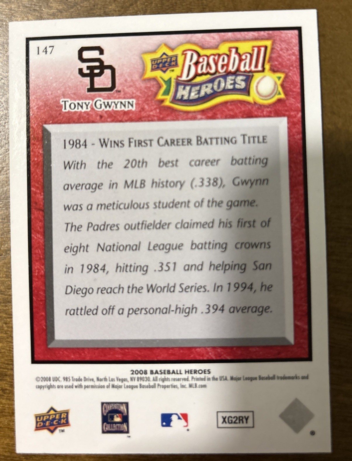 2008 Upper Deck (UD) Baseball Heroes Tony Gwynn #147 Red Parallel /249