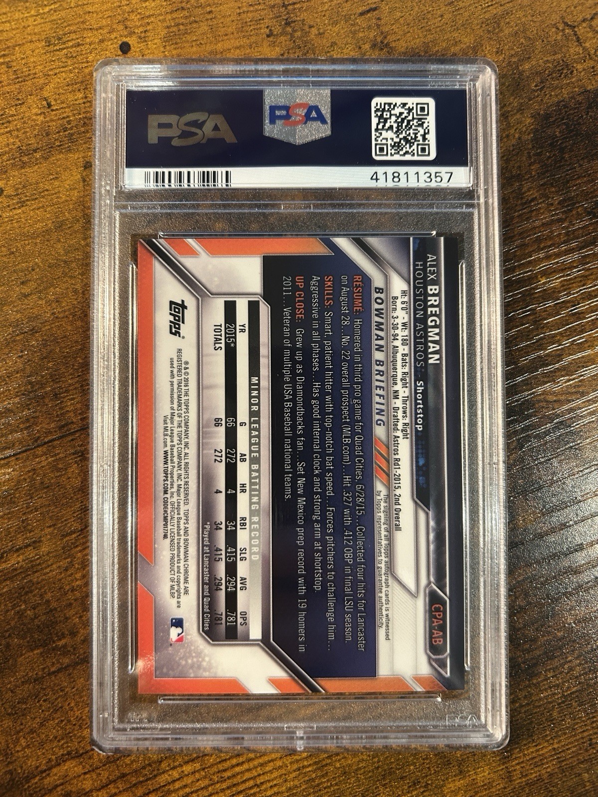 2016 Bowman Chrome Prospects Auto Alex Bregman CPA-AB PSA 10 Astros Cubs WBC RC