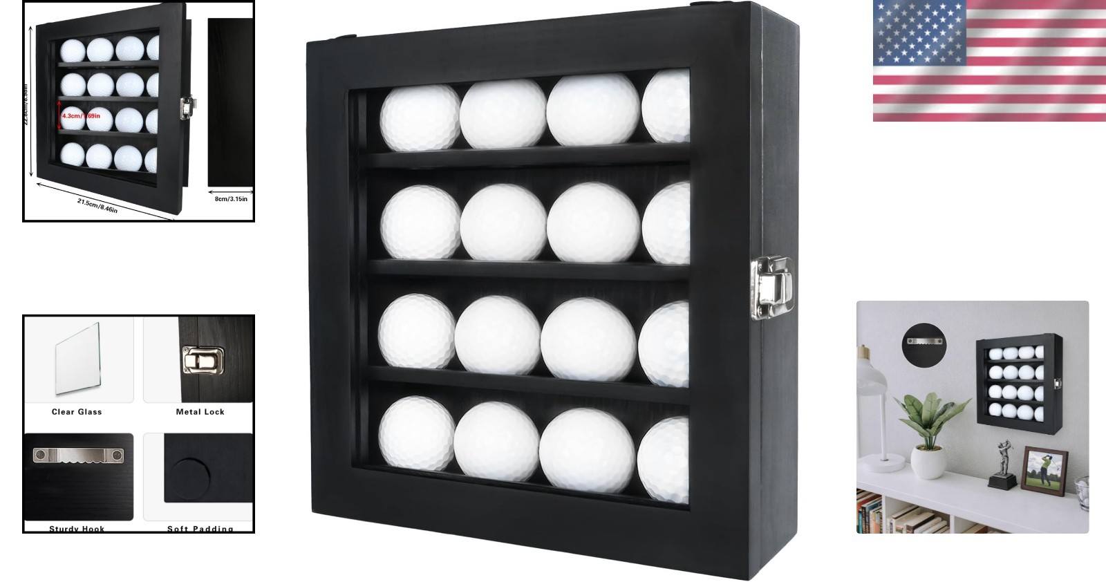 Golf Ball Display Case, Solid Wood Golf Ball Holder, Wall Mounted Golf Ball Rack