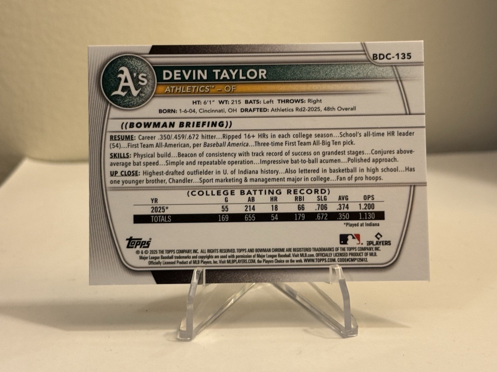 2025 Bowman Draft Sapphire Devin Taylor #BDC-135 Athletics QTY