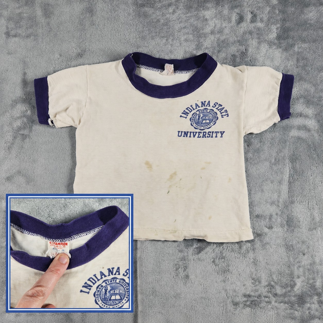 VINTAGE 60s Indiana State T-Shirt Baby 2 White Ringer Kids Champion Running Man