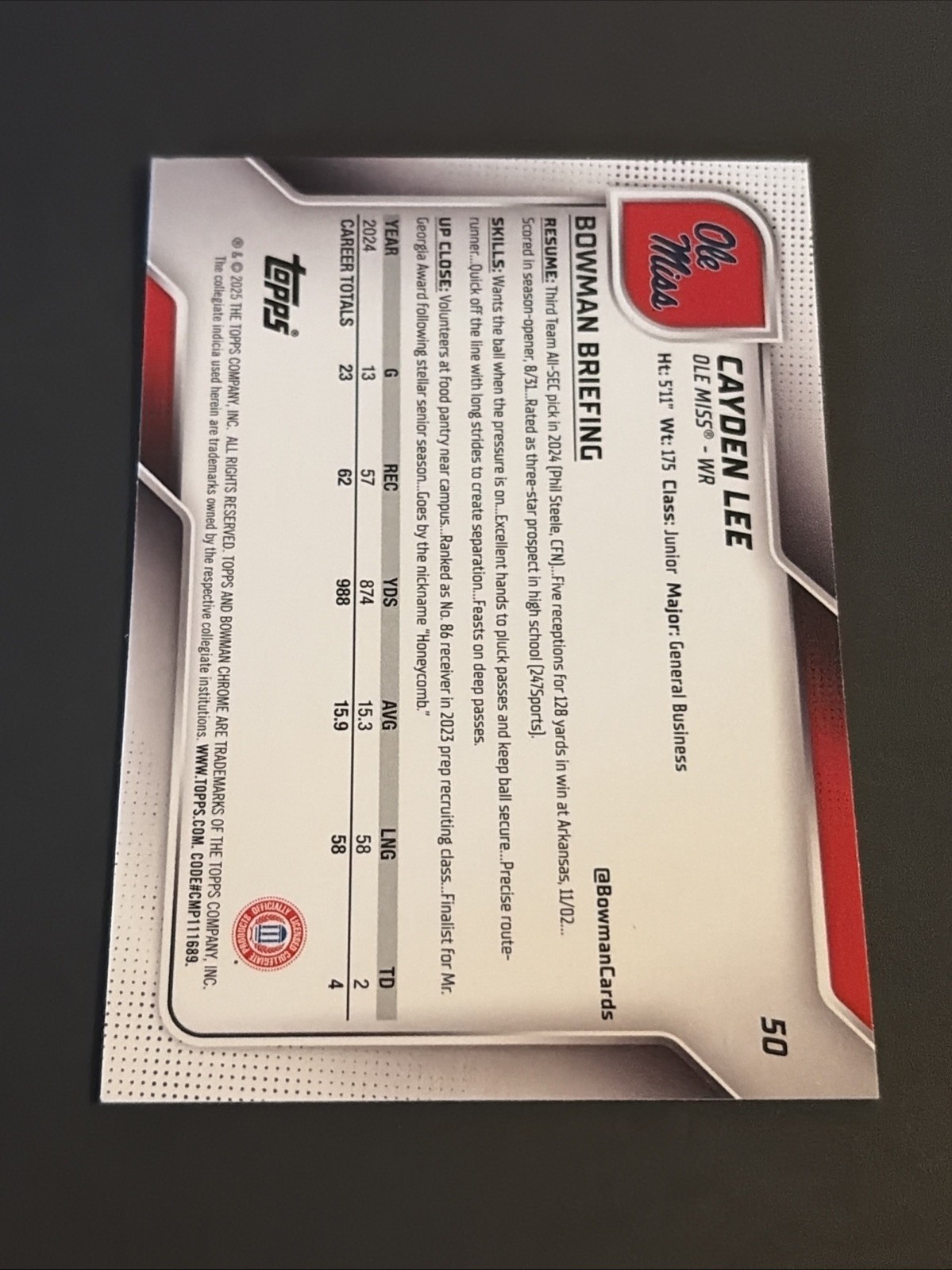2025 Bowman Chrome U Cayden Lee Lime Green Mini-Diamond /275 #50 1st Ole Miss