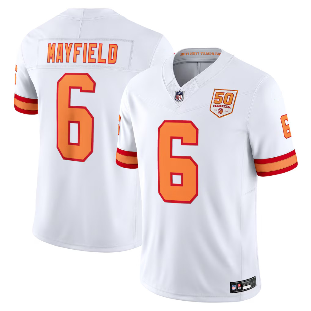 Men’s ’76 Buccaneers #6 Baker Mayfield White/Orange 50th Season Stitched Jersey