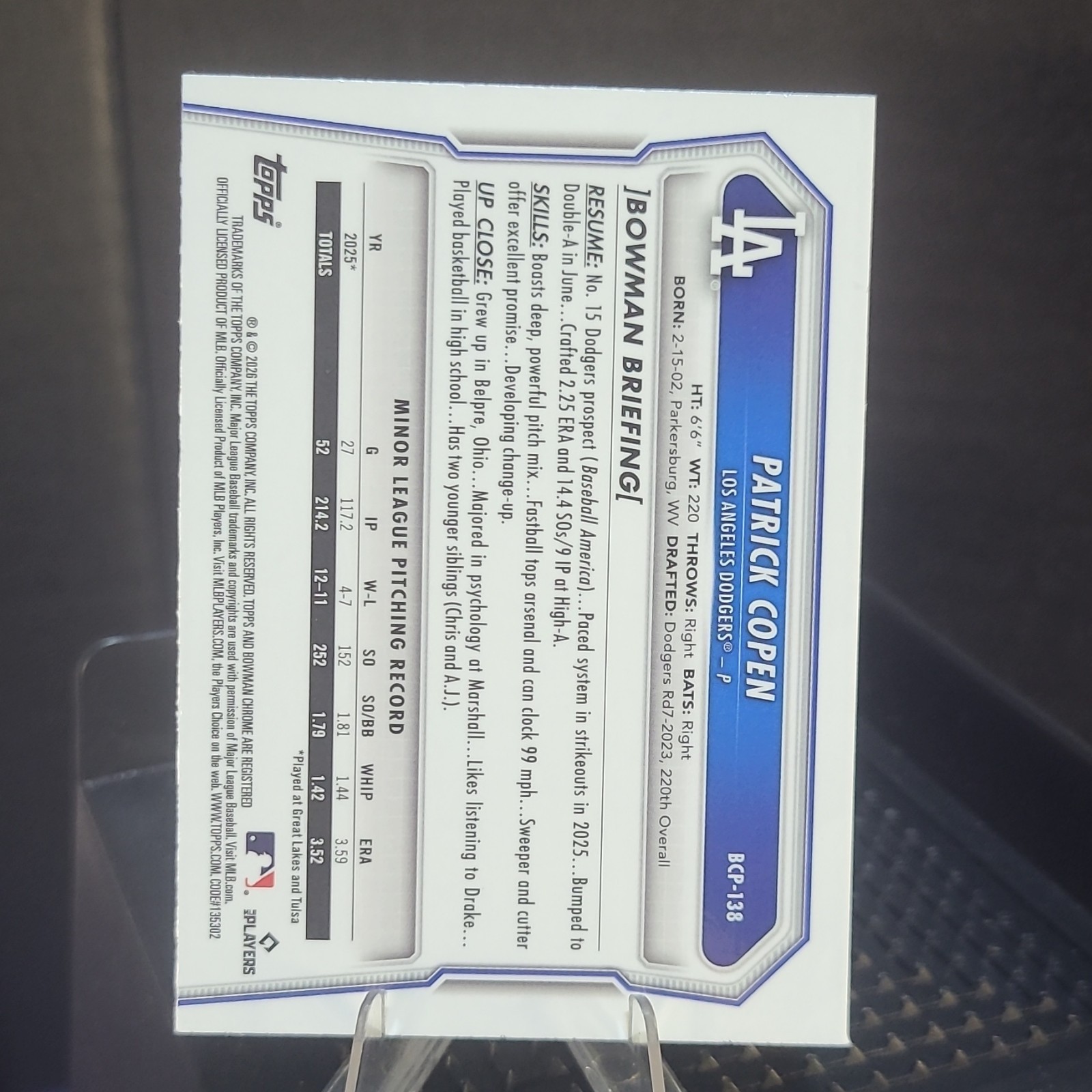 Topps 2025 Bowman Chrome Patrick Copen #BCP-138 Dodgers Fuchsia Reptilian/199