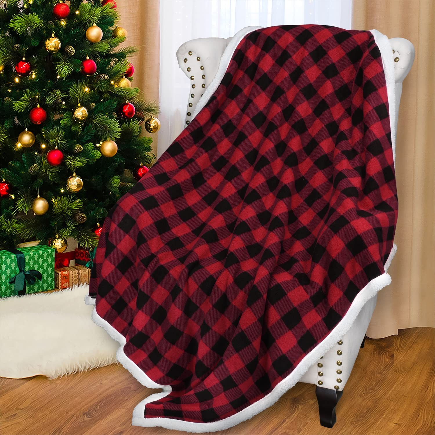 Catalonia Red Black Checkered Holiday Blanket, Buffalo Plaid 50″x60″,