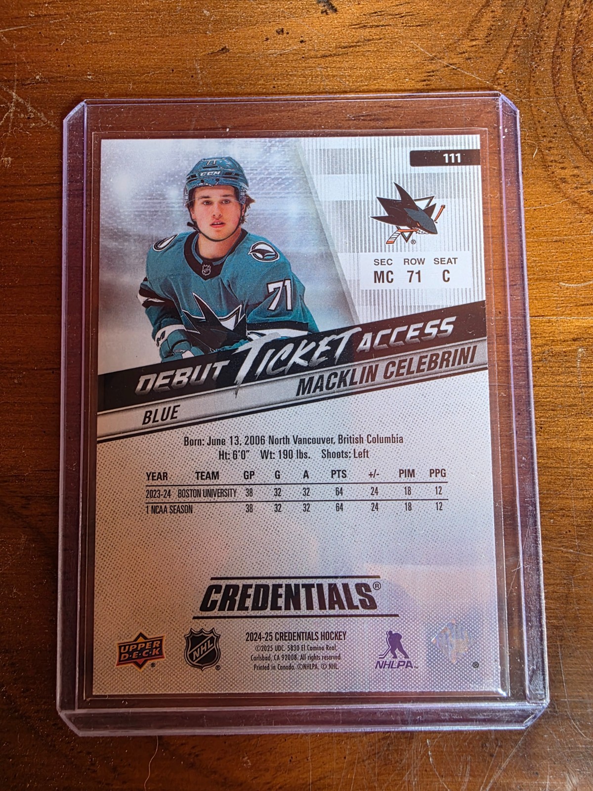 2024-25 Upper Deck Credentials – Debut Ticket Access Macklin Celebrini #111 Blue