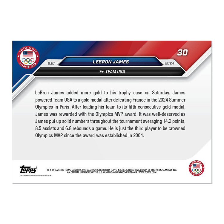 (2) 2024 Topps Now Olympics Stephen Curry/LeBron James USA Basketball #22 & #30