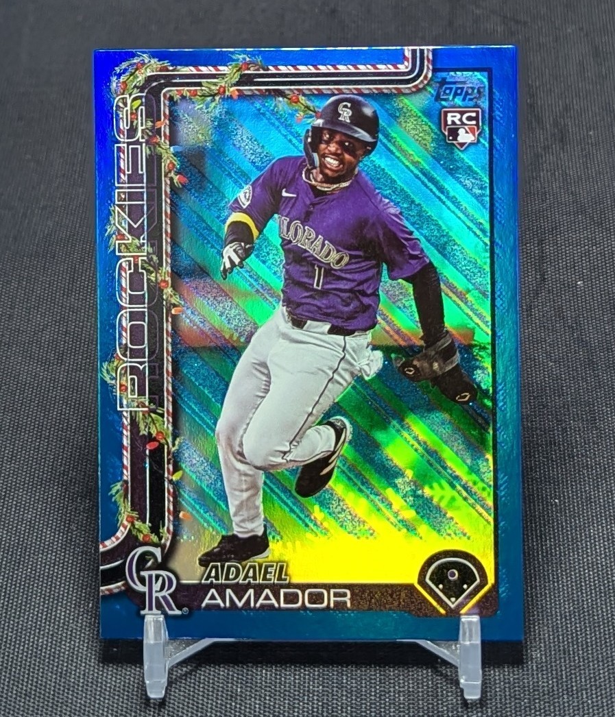 Adael Amador Blue Metallic Glitter Rookie 2025 Topps Holiday Card #H42 Rockies