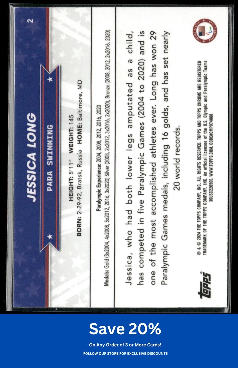 Jessica Long 2024 Topps Chrome U.S. Olympics #2 Blue Refractors /150 USA F70