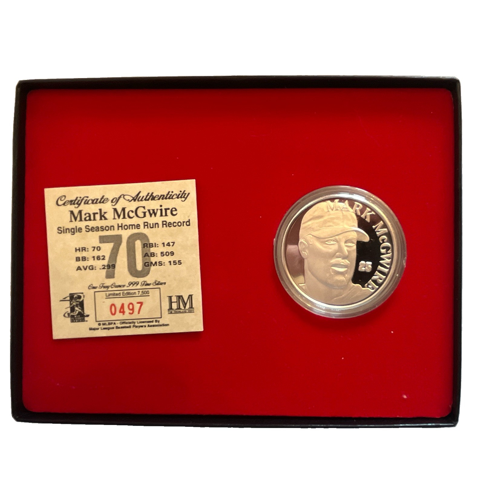 Mark McGwire 1998 70 HR Record 0.999 Fine Silver Coin/Medallion w/ COA